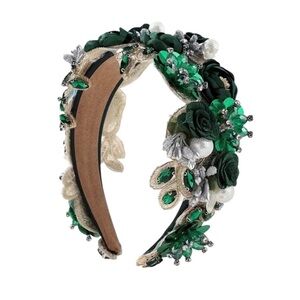 Green Rhinestone Faux Pearl Wide-Brimmed Headband